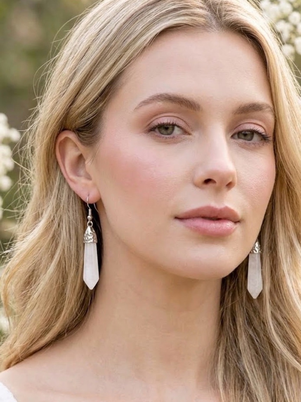 White Quartz Crystal Point Earrings – Silver-Tone Fish Hook